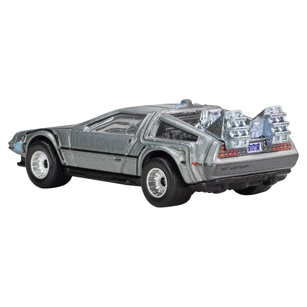 Silver Hot Wheels Back to the Future DeLorean model shown in rear angled view, highlighting chrome rear vents, “OUTATIME” license plate, and textured movie-accurate details.