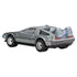 Silver Hot Wheels Back to the Future DeLorean model shown in rear angled view, highlighting chrome rear vents, “OUTATIME” license plate, and textured movie-accurate details.