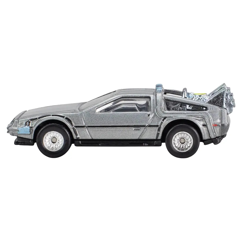 Side profile of silver Hot Wheels Back to the Future DeLorean with chrome wheels, gullwing door outline, and rear-mounted movie-specific flux capacitor parts.