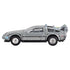 Side profile of silver Hot Wheels Back to the Future DeLorean with chrome wheels, gullwing door outline, and rear-mounted movie-specific flux capacitor parts.