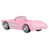 Angled view of Hot Wheels Barbie 1956 Corvette, featuring pink bodywork, chrome wheels, and Barbie license plate detail.