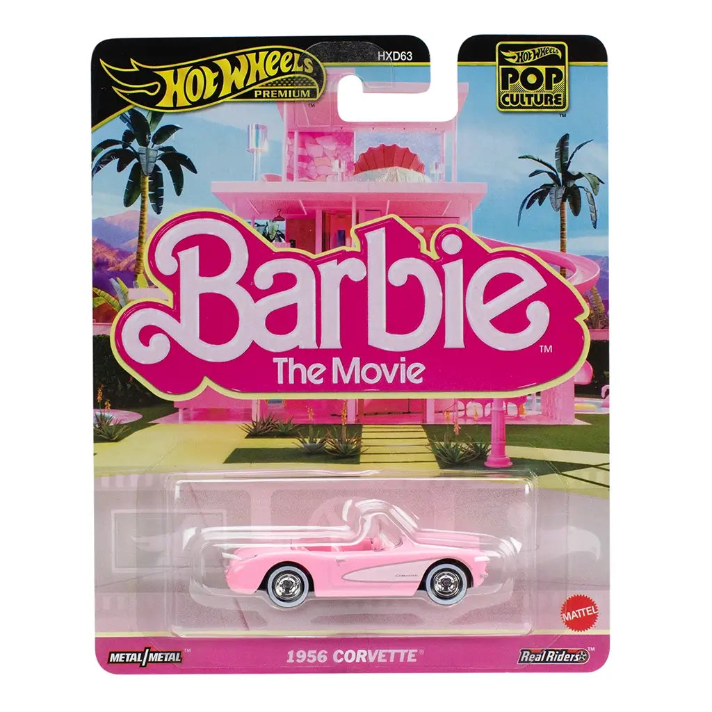 Packaged Hot Wheels Barbie 1956 Corvette from Barbie The Movie Pop Culture series, displayed in pink-themed blister pack with Barbie Dreamhouse background.