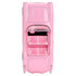 Top view of Hot Wheels Barbie 1956 Corvette model, showcasing pink body, white-striped seats, and glitter detail along side coves.