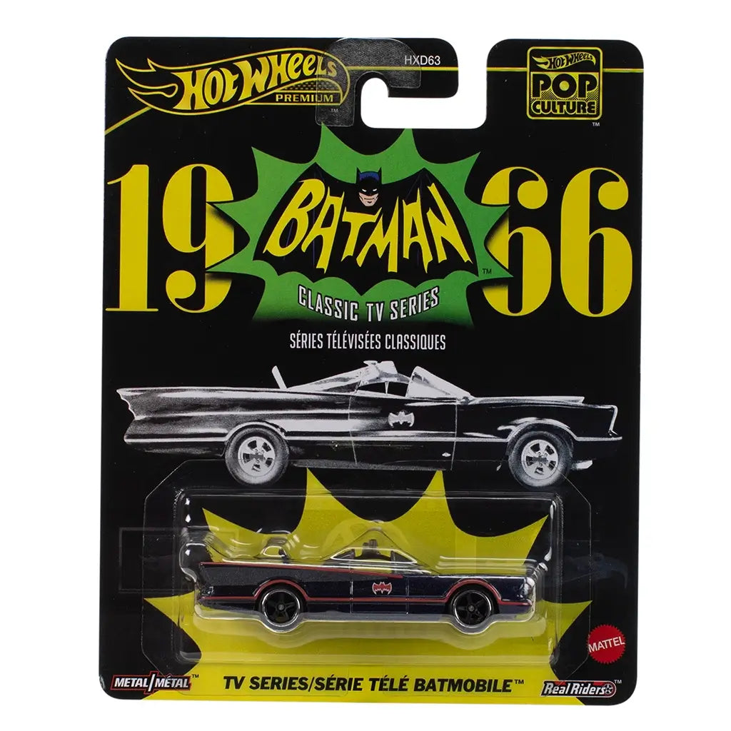 Hot Wheels Premium Pop Culture Batmobile 1966 package front with clear plastic blister and black card backing, displaying the classic TV Series Batmobile, bold yellow graphics, branding logos, and series labeling.