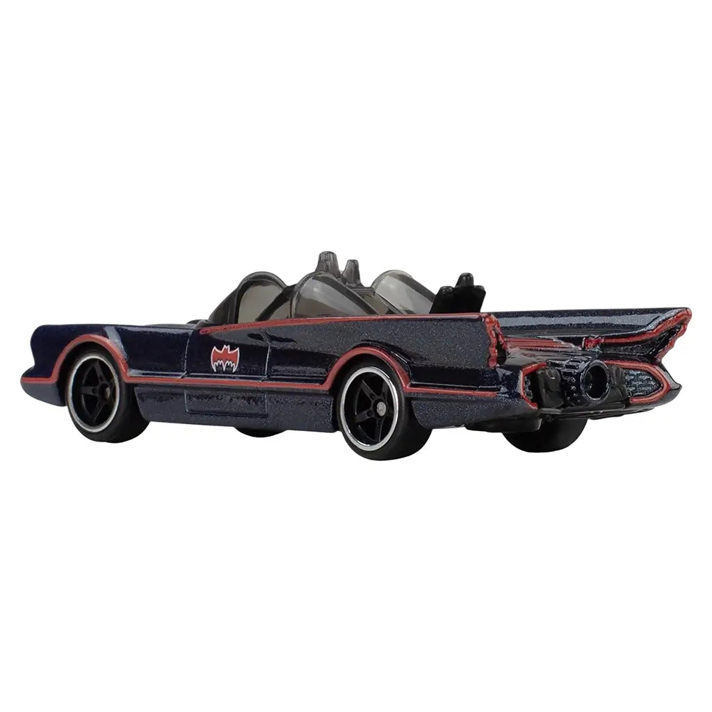Hot Wheels Premium Batmobile 1966 Classic TV Series rear angled view featuring dark blue die-cast metal body, sculpted tail fins, rear turbine detail, red pinstriping, and vintage TV-inspired design on white.