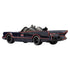 Hot Wheels Premium Batmobile 1966 Classic TV Series rear angled view featuring dark blue die-cast metal body, sculpted tail fins, rear turbine detail, red pinstriping, and vintage TV-inspired design on white.