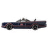 Hot Wheels Premium Batmobile 1966 Classic TV Series side view displaying dark metallic blue die-cast body, elongated profile, red accent lines, bat shield emblem on doors, black wheels, and open cockpit styling.
