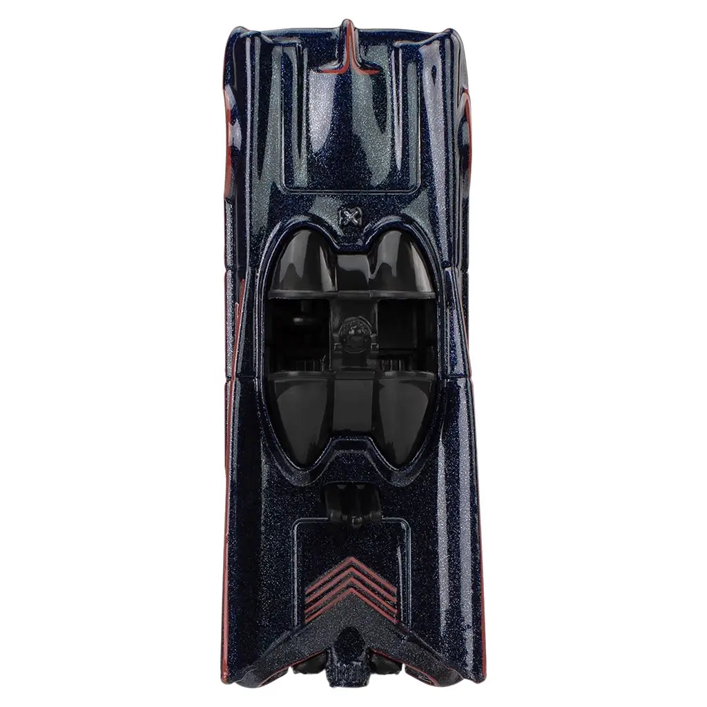 Hot Wheels Premium Batmobile 1966 Classic TV Series top view highlighting dark blue metallic paint, twin canopy cockpit layout, rear fins, red graphic accents, and detailed die-cast surface on a clean white background.