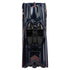Hot Wheels Premium Batmobile 1966 Classic TV Series top view highlighting dark blue metallic paint, twin canopy cockpit layout, rear fins, red graphic accents, and detailed die-cast surface on a clean white background.