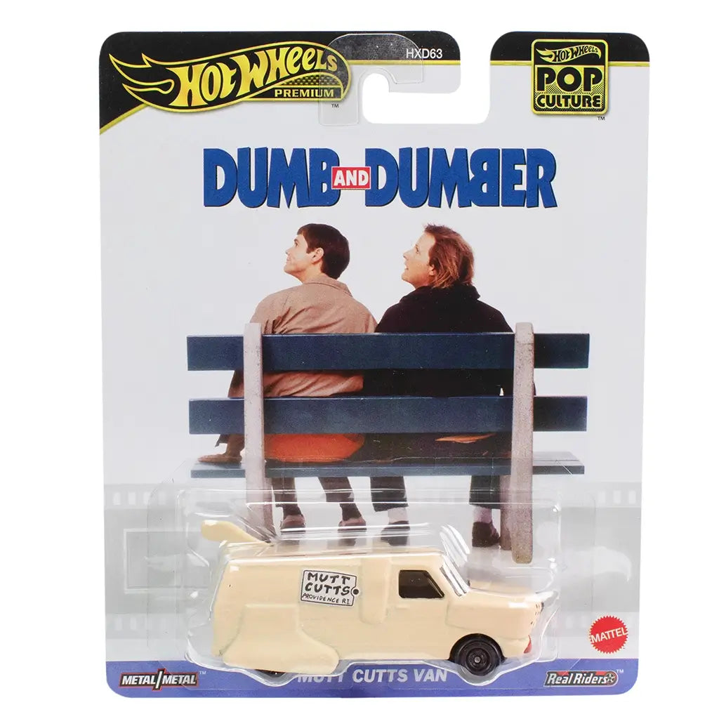 Packaged Hot Wheels Premium Dumb and Dumber 'Mutt Cutts' van diecast model, featuring movie artwork with characters on a bench, and the toy encased in clear plastic.