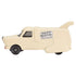 Side profile of beige Hot Wheels Dumb and Dumber 'Mutt Cutts' van, with dog-shaped body, black windows, logo on the side panel, and molded tail accent on the roof.