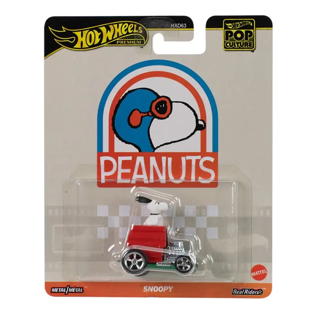 Hot Wheels Premium Peanuts Snoopy package front with beige card backing and clear plastic blister, showing the red Snoopy doghouse hot rod, Peanuts logo artwork, series branding, Metal/Metal labeling, and collectible Pop Culture presentation.