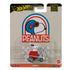 Hot Wheels Premium Peanuts Snoopy package front with beige card backing and clear plastic blister, showing the red Snoopy doghouse hot rod, Peanuts logo artwork, series branding, Metal/Metal labeling, and collectible Pop Culture presentation.