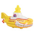 Yellow die-cast Hot Wheels Beatles Yellow Submarine toy with smooth finish, smiling bow design, red portholes, white conning tower, and bright yellow propellers.