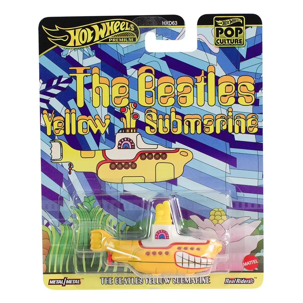 Packaged Hot Wheels Beatles Yellow Submarine in vibrant pop-art box with blue and yellow graphics, featuring toy in clear blister pack against illustrated seaweed backdrop.