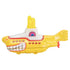 Side profile of Hot Wheels Beatles Yellow Submarine toy, featuring bright yellow hull, cartoon smile design, red portholes, white conning tower, and rear tail fin.