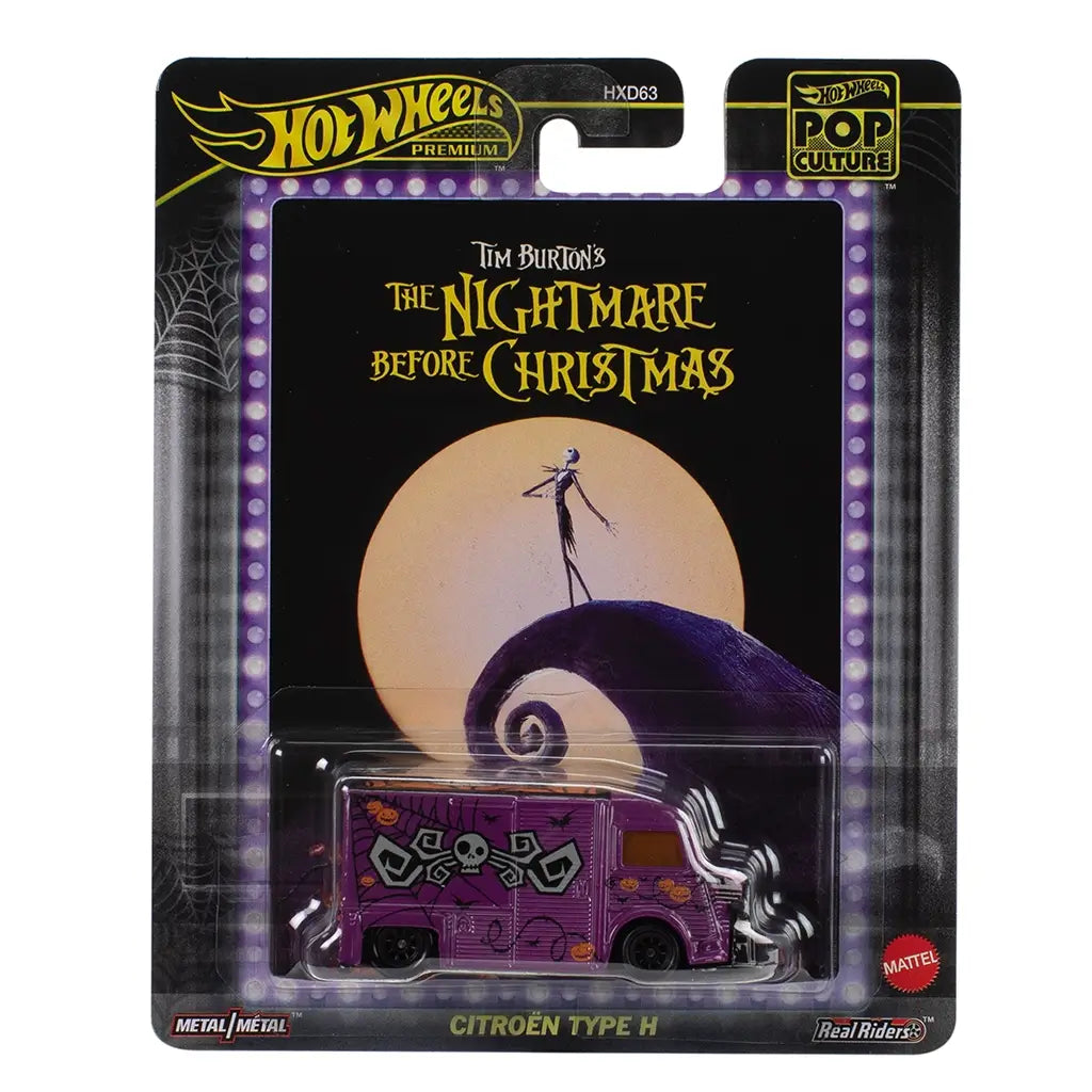 Hot Wheels Premium Pop Culture Citroën Type H package front with clear plastic blister and black card backing, displaying the purple Nightmare Before Christmas van, branding logos, series title, and character artwork against a dark background.