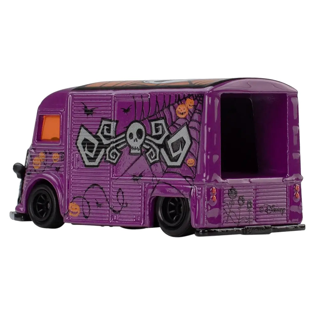 Hot Wheels Premium Citroën Type H rear angled view showing purple die-cast metal body, open cargo area, ribbed panel texture, and Nightmare Before Christmas graphics, presented as a detailed collectible on a white studio background.
