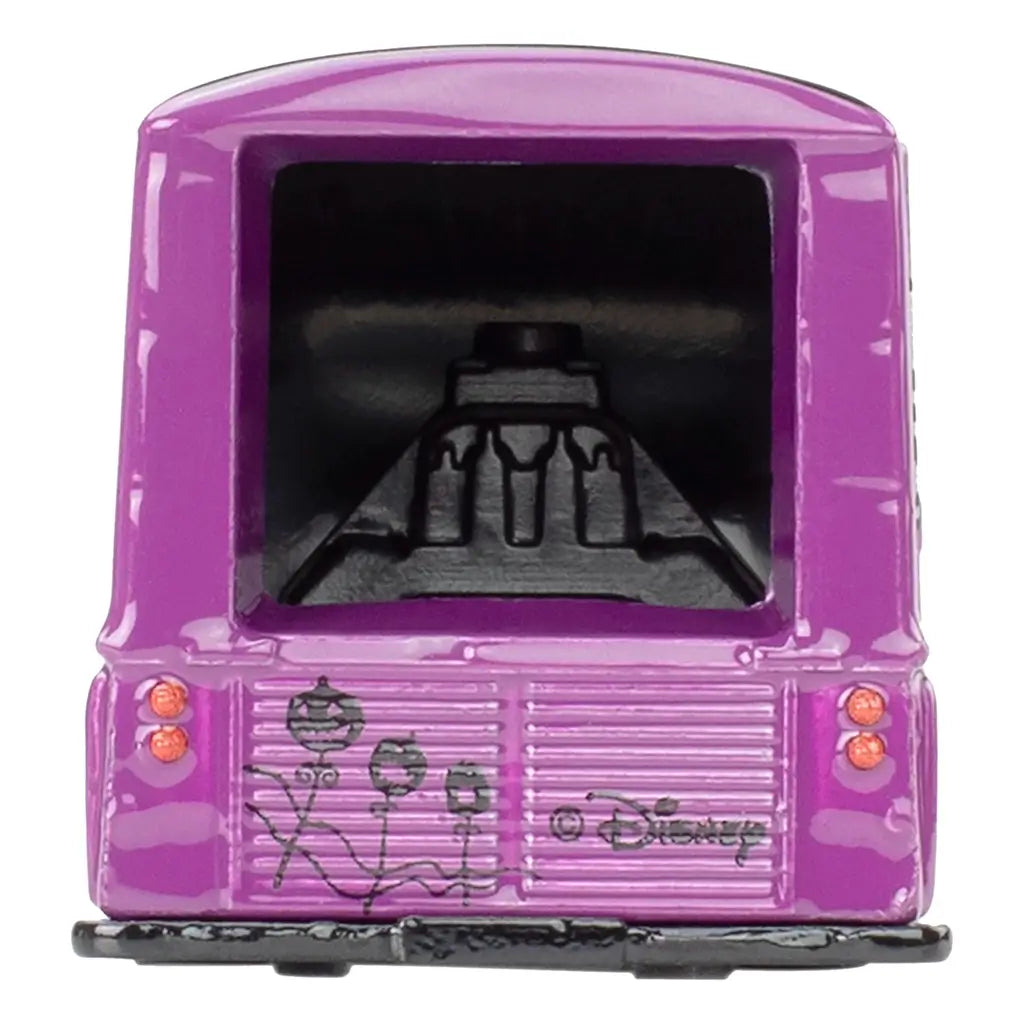 Hot Wheels Premium Citroën Type H rear view featuring purple die-cast metal finish, open cargo bay, ribbed doors, small tail lights, and subtle Nightmare Before Christmas detailing, photographed straight-on against white.