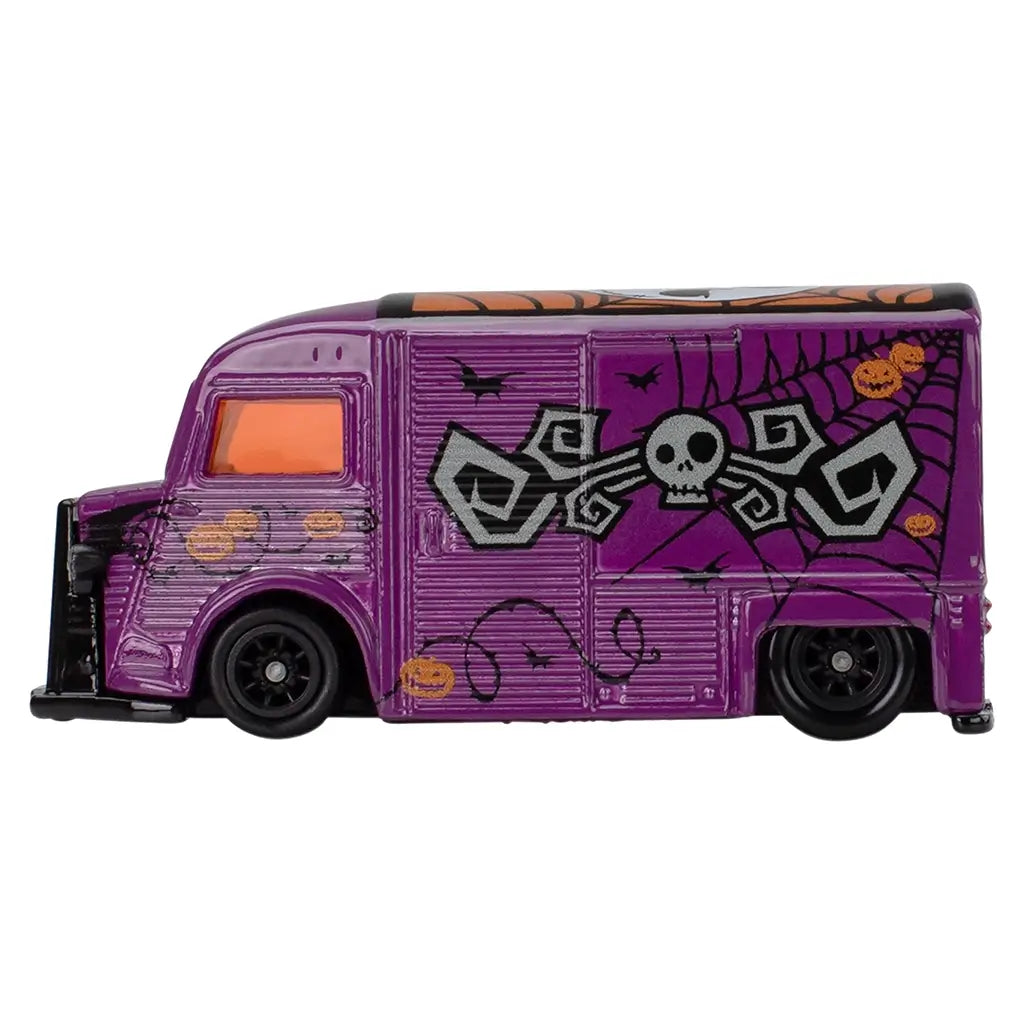 Hot Wheels Premium Citroën Type H side view displaying purple die-cast metal body, long rectangular van profile, black wheels, orange windows, and Nightmare Before Christmas skull and spiderweb graphics on a white background.