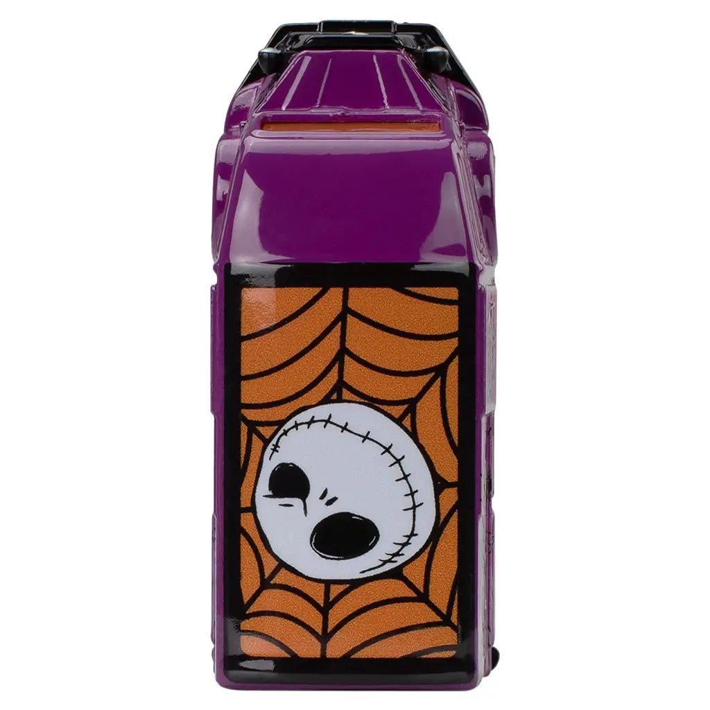 Hot Wheels Premium Citroën Type H top view highlighting purple roof with orange spiderweb panel and Jack Skellington face graphic, showing the die-cast metal texture and collectible detailing against a white background.