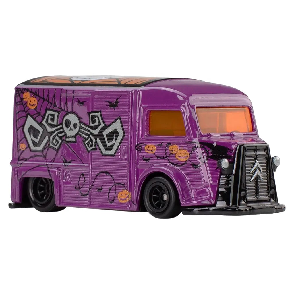 Hot Wheels Premium Citroën Type H featuring glossy purple die-cast metal body, boxy delivery van shape, Halloween-themed Nightmare Before Christmas graphics, designed as a collectible Pop Culture vehicle on a white background.