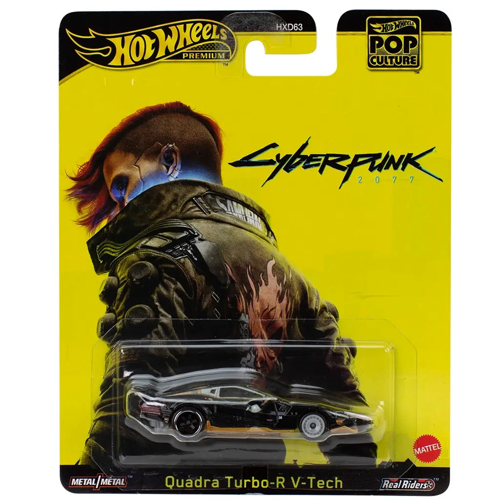 Hot Wheels Premium Pop Culture packaging featuring Cyberpunk 2077 artwork on bright yellow card, showcasing the Quadra Turbo-R V-Tech diecast vehicle inside a clear blister with branded logos.
