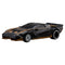 Hot Wheels Premium Quadra Turbo-R V-Tech diecast car in glossy black with metallic gold accents, low wedge-shaped body, wide rear tires, and futuristic detailing inspired by Cyberpunk 2077 styling.