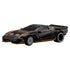 Hot Wheels Premium Quadra Turbo-R V-Tech diecast car in glossy black with metallic gold accents, low wedge-shaped body, wide rear tires, and futuristic detailing inspired by Cyberpunk 2077 styling.