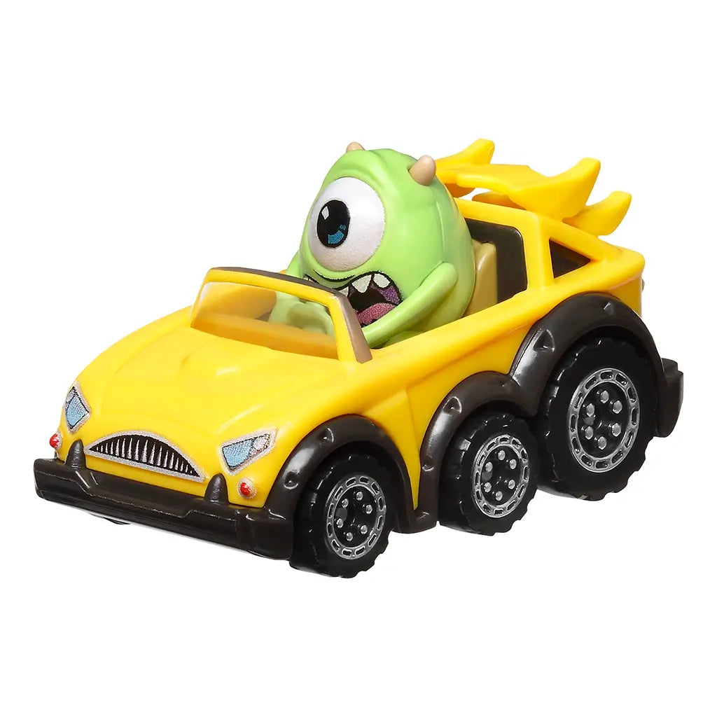 Angled view of Hot Wheels RacerVerse Pixar car with Mike Wazowski driving a yellow six-wheeled convertible, showcasing the sporty front design and oversized character figure.