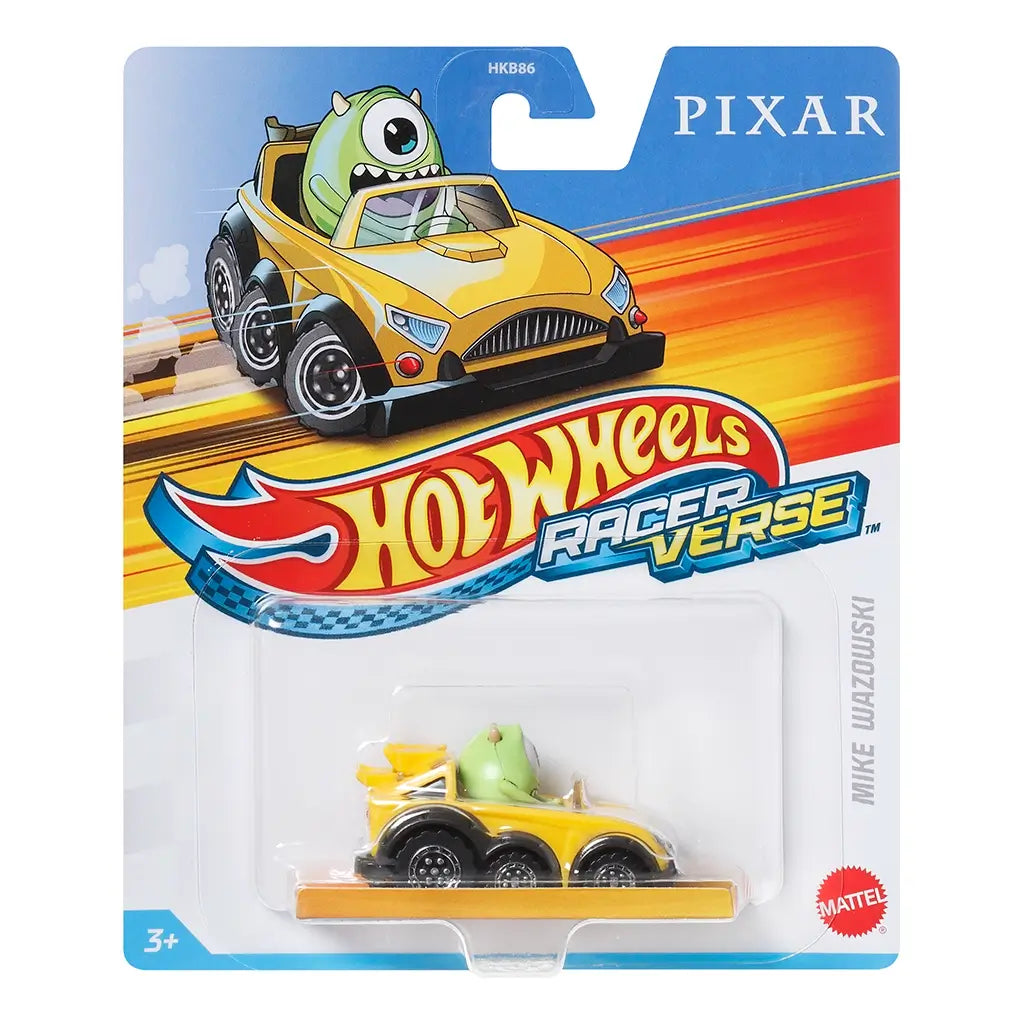 Hot Wheels RacerVerse Pixar toy car featuring Mike Wazowski in a bright yellow six-wheeled convertible, packaged with bold branding and illustrated racing background design.