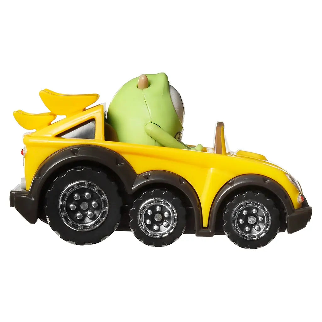 Side view of Hot Wheels RacerVerse Pixar Mike Wazowski car toy, highlighting the yellow convertible body, six rugged wheels, raised spoiler, and detailed green character driver.