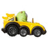 Side view of Hot Wheels RacerVerse Pixar Mike Wazowski car toy, highlighting the yellow convertible body, six rugged wheels, raised spoiler, and detailed green character driver.