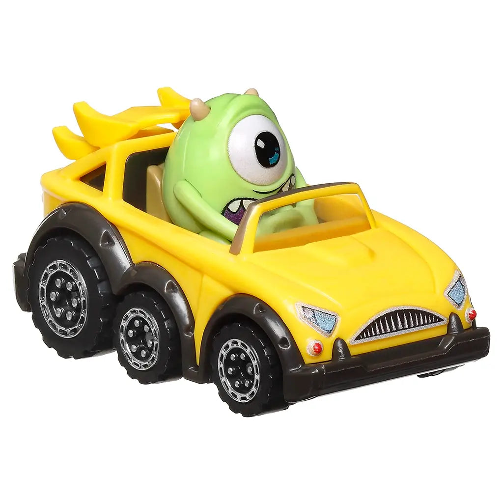 Close-up of Hot Wheels RacerVerse Pixar toy car featuring Mike Wazowski driving a yellow six-wheel convertible with black trim, bold grill, and expressive character detailing.