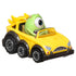 Close-up of Hot Wheels RacerVerse Pixar toy car featuring Mike Wazowski driving a yellow six-wheel convertible with black trim, bold grill, and expressive character detailing.