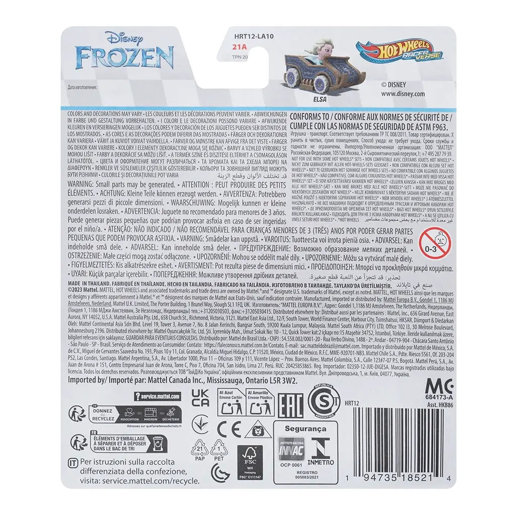 Back packaging of Disney Frozen Hot Wheels RacerVerse Elsa diecast car, showing product details, safety warnings, multilingual text, and small image of Elsa vehicle.