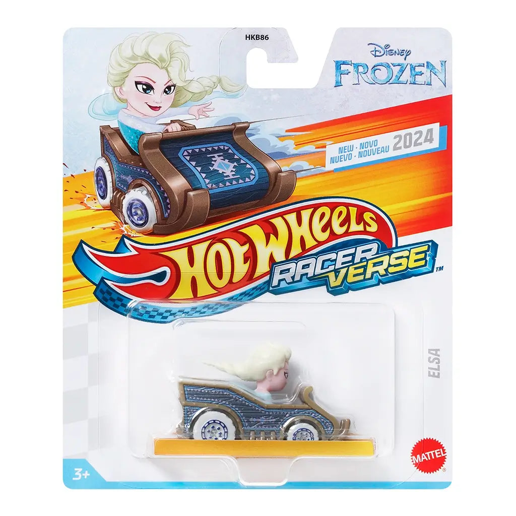 Disney Frozen Hot Wheels RacerVerse Elsa diecast car in sealed package, blue and silver carriage-inspired racer with snowflake details and molded Elsa driver figure.