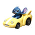 Angled view of Disney Hot Wheels RacerVerse Stitch diecast car, Stitch figure leaning forward in yellow car with wide headlights, smooth curves, and sporty design.