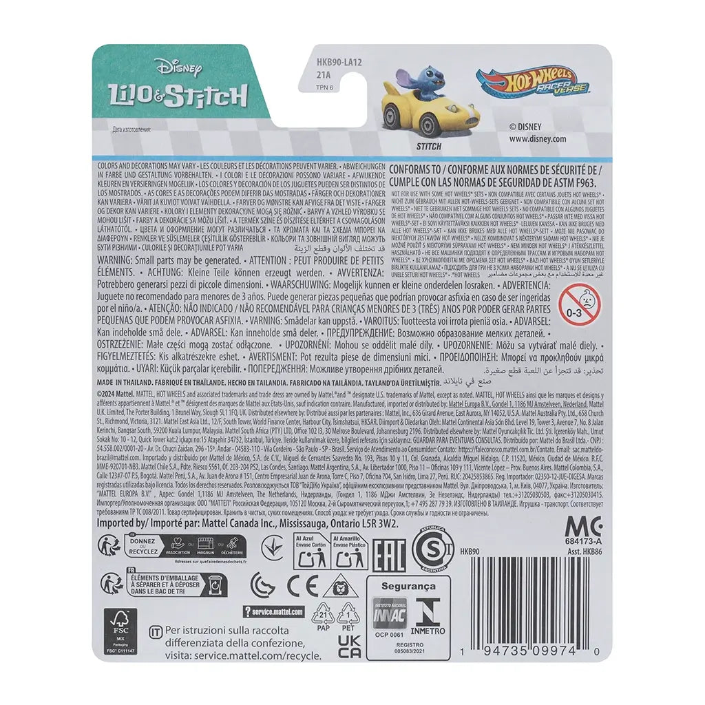 Back packaging of Disney Lilo & Stitch Hot Wheels RacerVerse Stitch diecast car, showing safety warnings, multilingual product details, and small Stitch vehicle image.