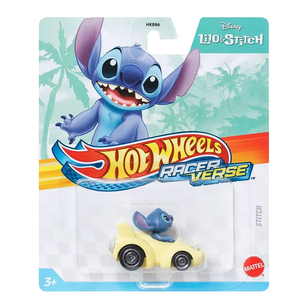 Disney Lilo & Stitch Hot Wheels RacerVerse Stitch diecast car in sealed package, featuring yellow racer with white stripe and molded Stitch figure at the wheel.