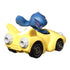 Rear angled view of Disney Hot Wheels RacerVerse Stitch diecast car, yellow racer with twin silver exhaust pipes, rounded fenders, and Stitch figure driving.