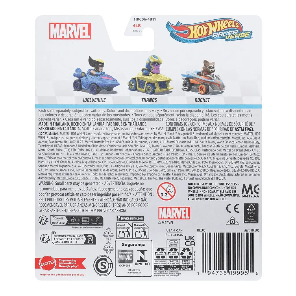 Back packaging of Marvel Hot Wheels RacerVerse diecast series, showing collectible cars Wolverine, Thanos, and Rocket with safety warnings, logos, and product details.