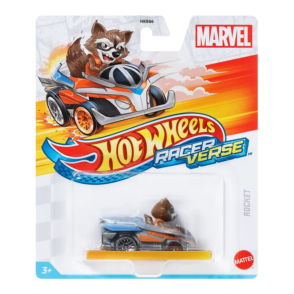 Marvel Hot Wheels RacerVerse Rocket Raccoon diecast car in sealed package, featuring bright artwork, orange and silver race car, and character figure in cockpit.