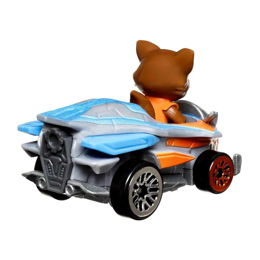 Rear angled view of Marvel Hot Wheels RacerVerse Rocket Raccoon diecast car, metallic blue spoiler, silver exhaust details, and character figure facing forward.
