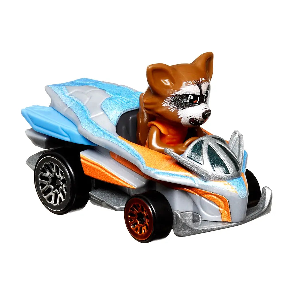 Front angled view of Marvel Hot Wheels RacerVerse Rocket Raccoon diecast car, featuring sleek silver frame, orange trim, molded raccoon driver, and racing wheels.