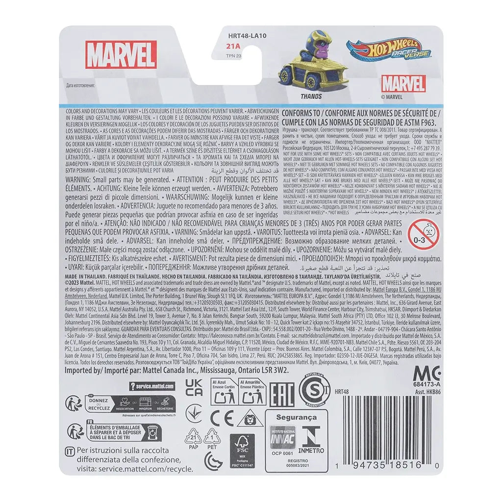 Hot Wheels RacerVerse Marvel packaging back for Thanos diecast shows toy image, safety warnings, recycling icons, and multilingual product details printed in black on white background.