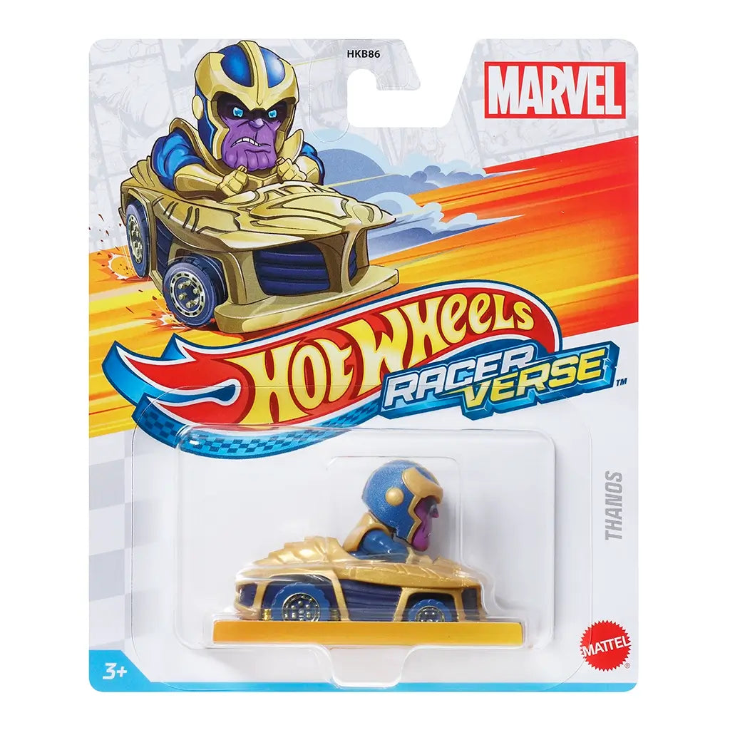 Hot Wheels RacerVerse Marvel diecast toy car features Thanos in gold and blue armor driving a matching gold mini racer, displayed on branded blister packaging with fiery racing graphics.