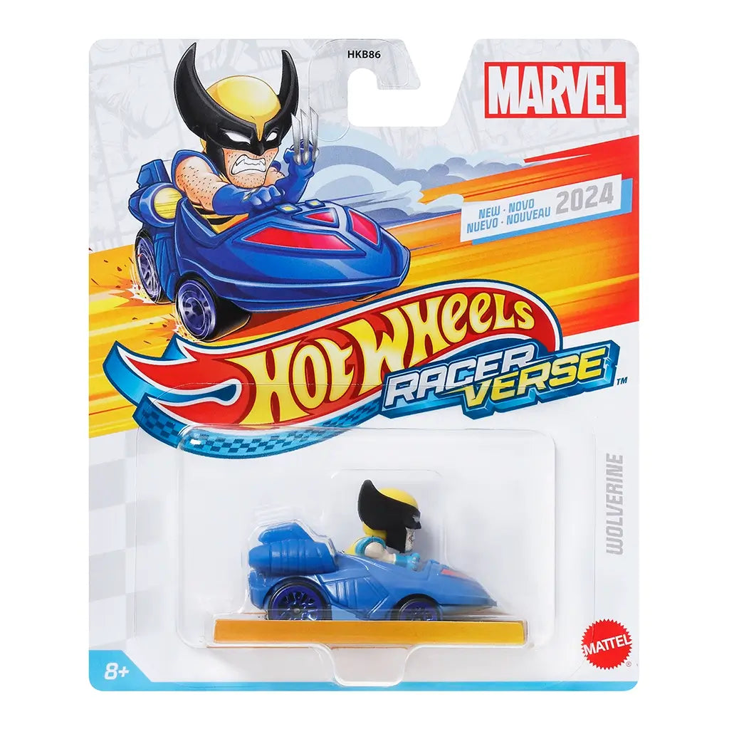 Marvel Hot Wheels RacerVerse Wolverine diecast car in sealed package, bold blue racer with yellow accents and molded Wolverine driver figure in signature mask.