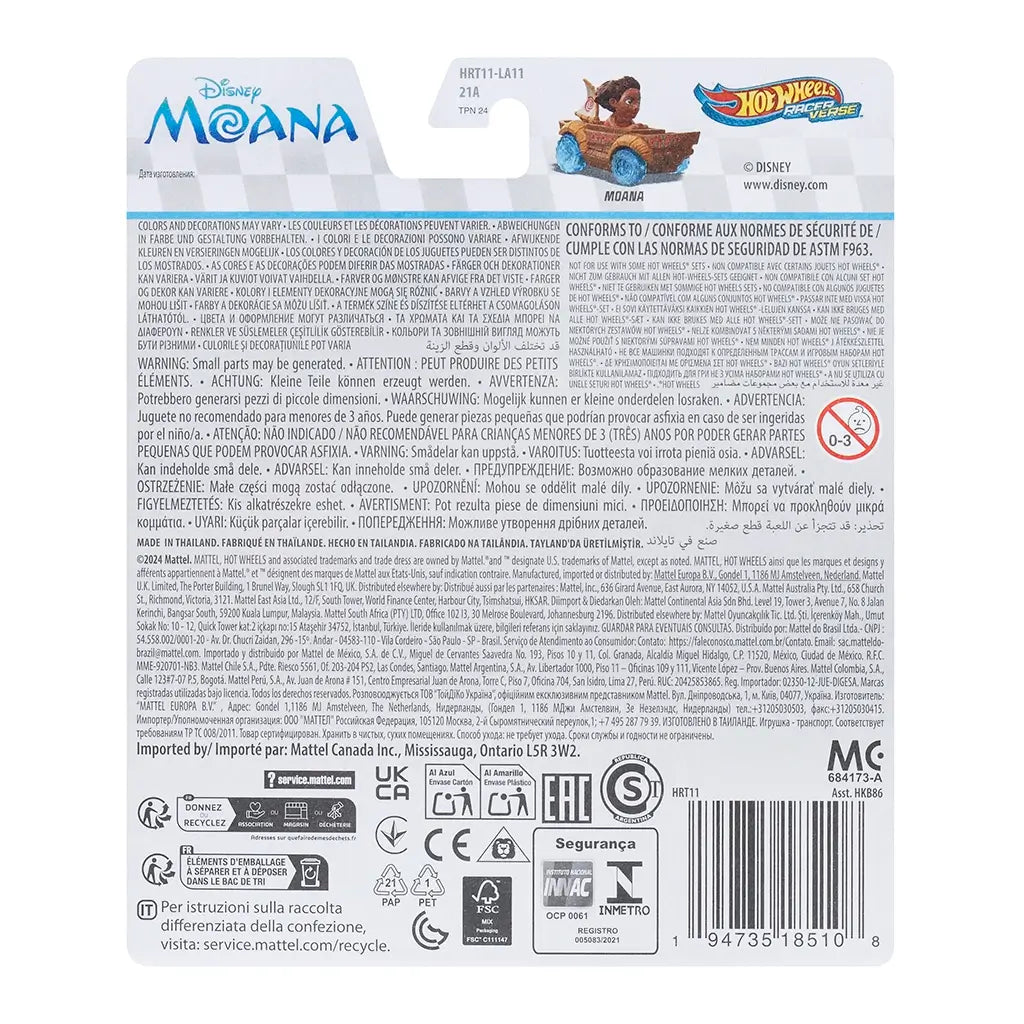 Back of Hot Wheels RacerVerse Disney Moana die-cast car package, showing product details, multilingual safety warnings, recycling icons, barcode, and small image of Moana’s canoe car.