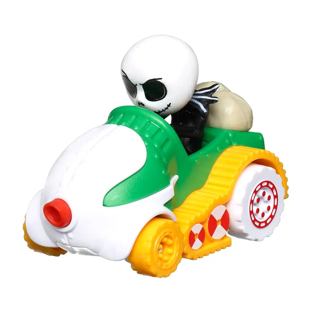 Jack Skellington sits in a colorful Hot Wheels RacerVerse diecast racer with a sleek green body, white nose cone, yellow tracks, and red candy-striped wheel decorations.
